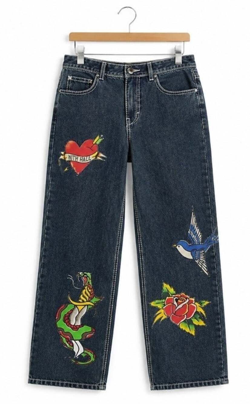 Ninth Hall Idle Blue Wash Straight Leg Jeans Tattoo Designs Size 16 NWT T70 - Picture 3 of 11